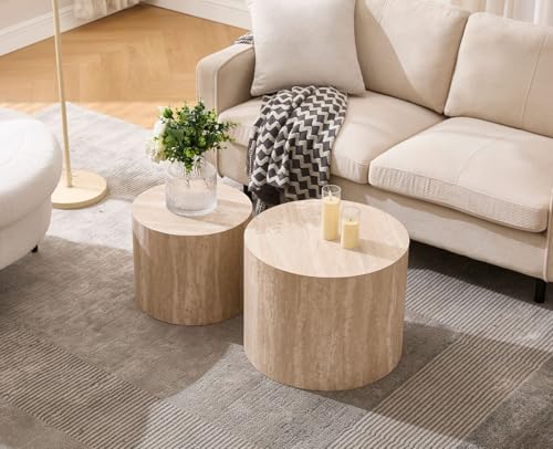 Round Wood Nesting Coffee Table Set of 2 - Minimalist Modern Side Tables