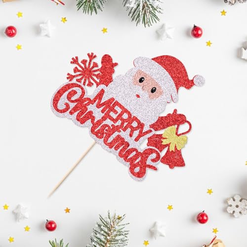 Green Christmas Cake Topper with Santa & Tree - Holiday Party Decoration