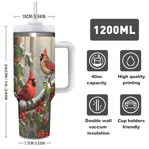 Christmas Red Birds 40oz Insulated Stainless Steel Tumbler with Lid & Straw - Dewoofly