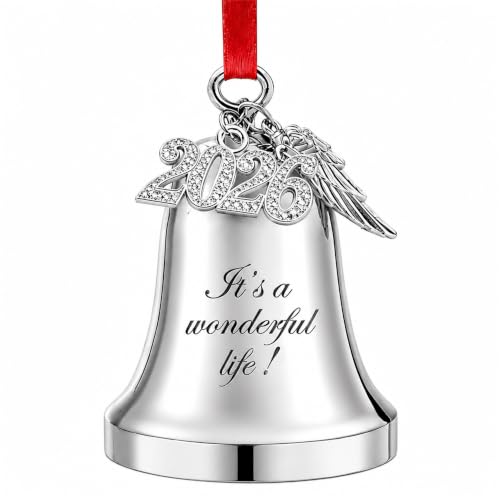 2026 Christmas Bell Ornament with Angel Wing Charm, Silver Metal Keepsake