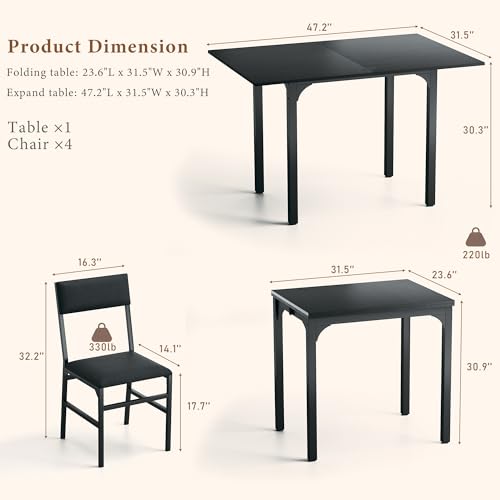 5-Piece Extendable Dining Table Set for 4 with Upholstered Chairs