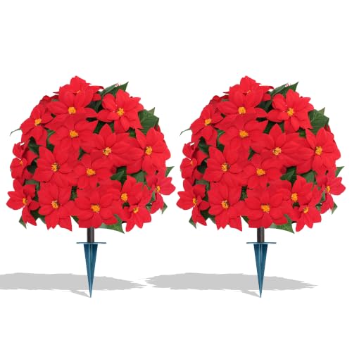Grooy 2 Pack Christmas Artificial Topiary Balls with Poinsettia Flowers Outdoor
