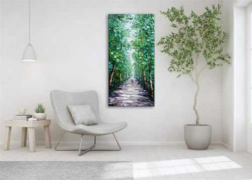 Large Hand-Painted Abstract Forest Canvas Wall Art, 24x48 Inch Vertical Decor