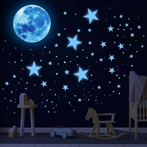Glow in the Dark Moon and Stars Wall Decals for Kids Bedroom Ceiling