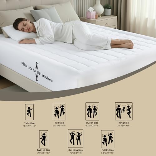 Queen Mattress Pad with Pillow Top, Quilted Fitted Protector - 60x80 in
