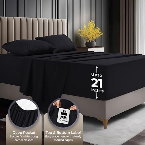 Utopia Bedding Deep Pocket Queen Sheet Set ? Fits Mattresses Up to 21 inches ? Cooling, Soft & Breathable ? Oeko-TEX 4 Piece Bed Sheets (Black)