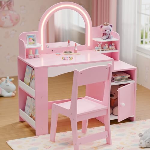Kids Vanity Table Set with Lighted Mirror, Bookshelf and Stool (Pink)