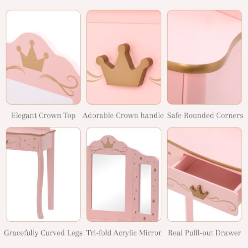 Kids Princess Vanity Table and Chair Set with Tri-Fold Mirror and Drawer