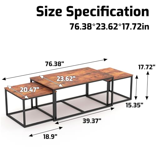 3-Piece Industrial Nesting Coffee Table Set, Space-Saving Wood Side Tables