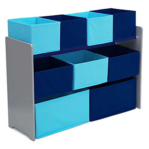 Deluxe Multi-Bin Kids Toy Organizer with 9 Fabric Bins - Grey & Blue