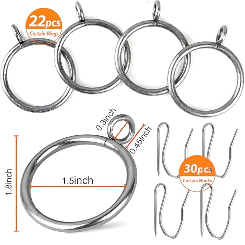 Metal Curtain Rings with Hooks, 1.5 Inch Eyelet for 1.25 Inch Rods