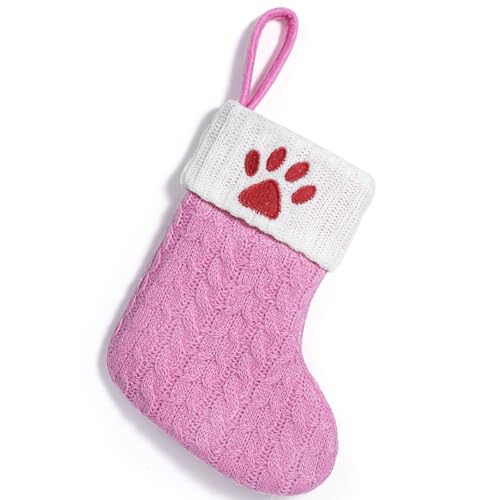 Pet Paw Christmas Stocking - Pink Knit Holiday Decor for Dogs & Cats, 8 Inches - Variation: Pet Paw