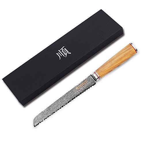 8-Inch Japanese Damascus Steel Serrated Bread Knife with Olive Wood Handle