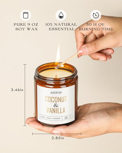 Coconut Vanilla Scented Soy Candle - 9 oz Natural Aromatherapy Jar Candle