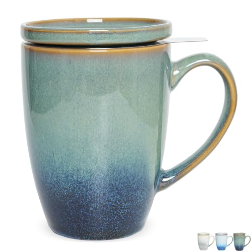 Bosmarlin Pale Green Ceramic Tea Mug with Infuser & Lid, 13.5 Oz, Dishwasher & Microwave Safe