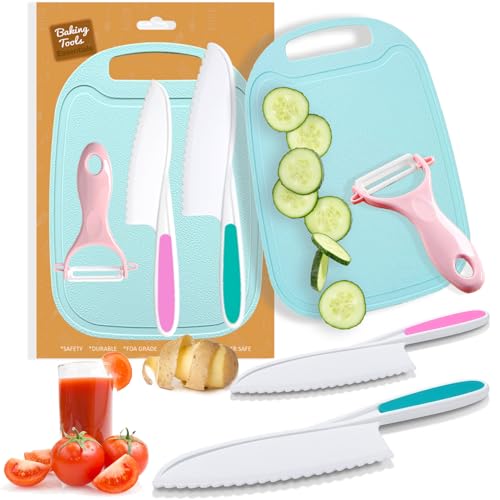 4-Piece Kids Safe Cooking Knife Set with Cutting Board and Peeler
