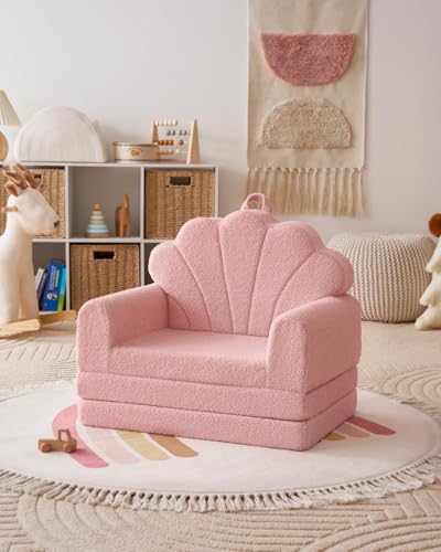 2-in-1 Foldable Kids Sofa Chair - Pink Shell Foam Convertible Play Couch
