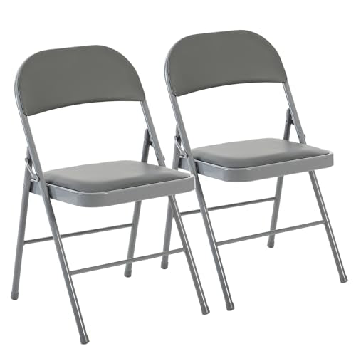 Padded Folding Chairs 2-Pack, Heavy Duty PU Leather Dining Chairs, Grey