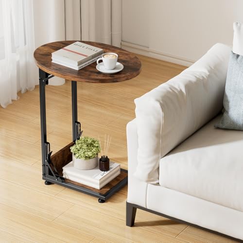 2-Tier C-Shaped Folding Side Table, Compact Metal & Wood Sofa End Table