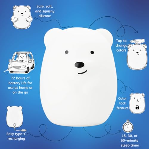 Squishy Bear LED Night Light for Kids - Rechargeable Silicone Lamp