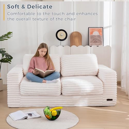 Large Bean Bag Loveseat Sofa with Pillows, Plush Faux Fur Floor Couch, White