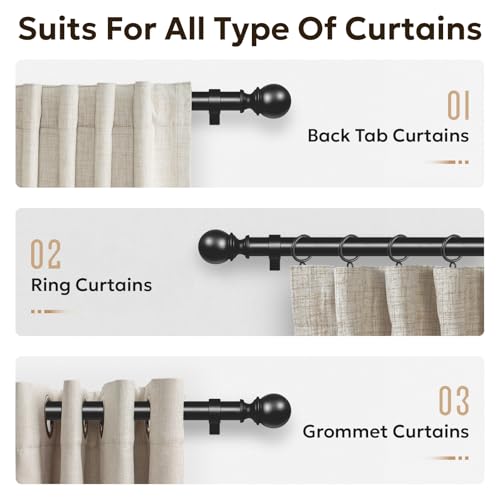 1-Inch Heavy Duty Adjustable Curtain Rod (32"-86") with Ball Finials - Black