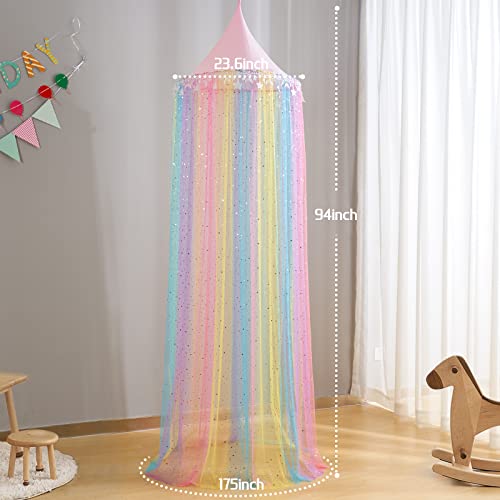 Rainbow Bed Canopy for Girls - Glitter Star & Moon Princess Bed Curtain