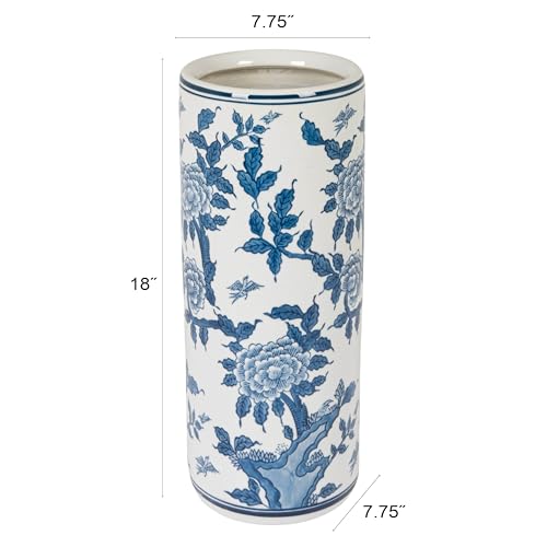 Blue and White Ceramic Umbrella Stand - 18-Inch Floral Entryway Decor