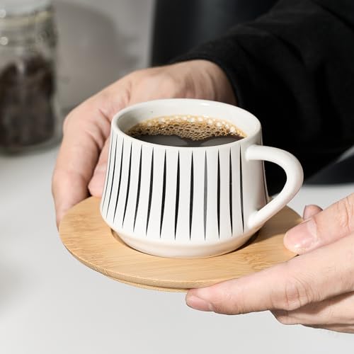 LUKA 6-Stripe White Ceramic Espresso Cups Set with Saucers & Metal Holder, 4.4 oz