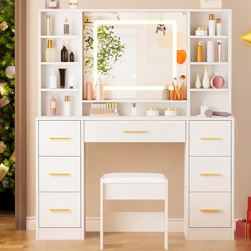White Makeup Vanity Desk with Lighted Mirror, Charging Station & Stool