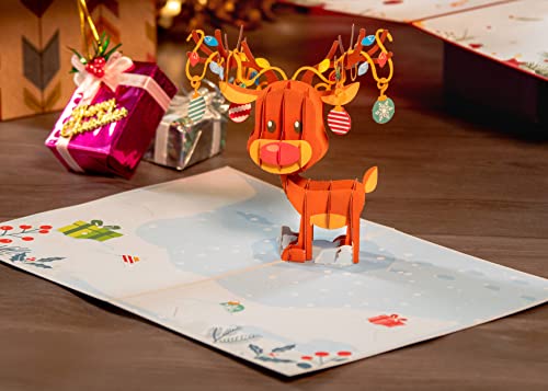Paper Love 3D Reindeer Pop Up Christmas Card with Envelope & Removable Note Tag (5 x 7) - Reindeer Variation