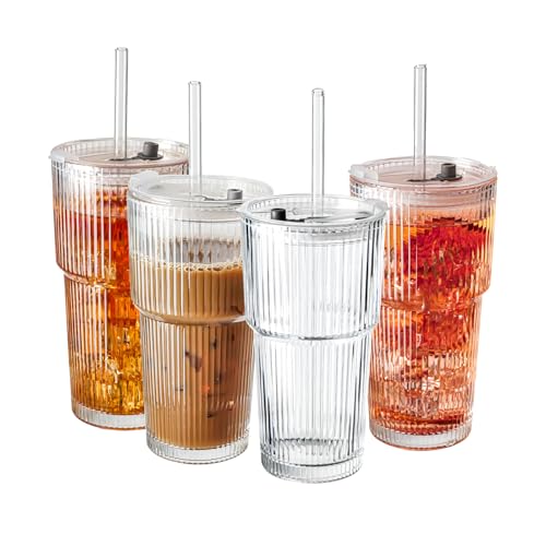 20oz Ribbed Glass Tumblers with Lids and Straws, 4-Piece Set