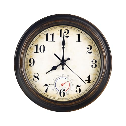 8-Inch Waterproof Outdoor Wall Clock with Thermometer, Bronze Finish