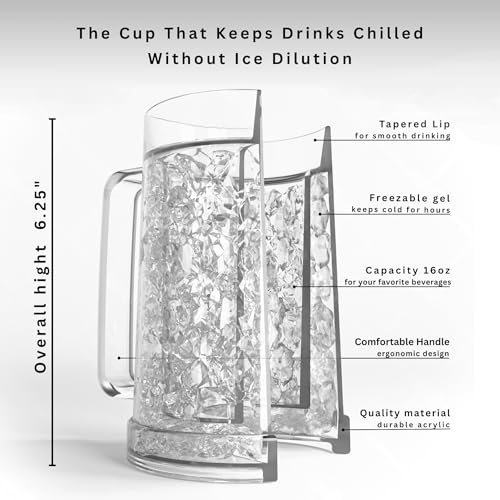 Double Wall Insulated Freezer Beer Mugs, 16 oz Cooling Gel Glasses - 2 Pack