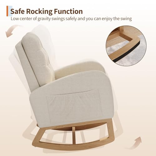 Modern Linen Upholstered Rocking Chair with Side Pocket - Beige Glider