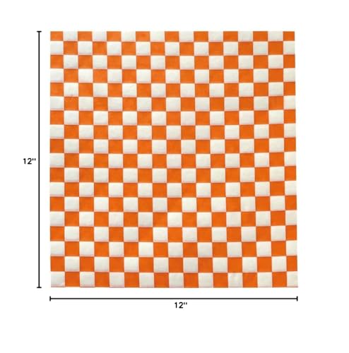 200 Sheets Orange and White Checkered Food Wrapping Paper, Dry Waxed Deli Paper for Plastic Food Basket, Bread and Sandwich Wrap (12''x12'') (Orange)
