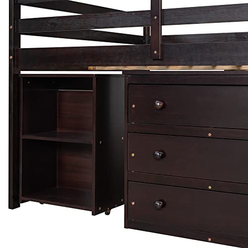 Full Size Wood Loft Bed with Rolling Desk, Bookshelf, and Storage Drawers