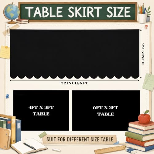 6ft Ruffled Teacher Desk Skirt - Black Scalloped Polyester Table Cover