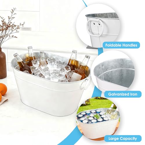 DAMSICO White Galvanized Beverage Tub with Handles - Large Ice Bucket for Parties