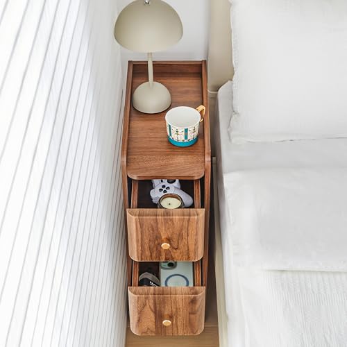 Narrow Wooden Nightstand with 2 Drawers, Slim Bedside Table for Bedroom