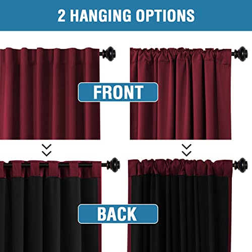 100% Blackout Curtains - Burgundy Red Thermal Drapes, 63" Long, 2 Panels