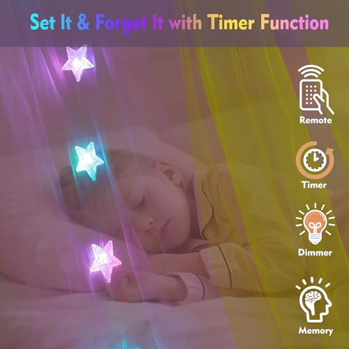 Rainbow Bed Canopy with 24 Color-Changing Star Lights & Remote Control