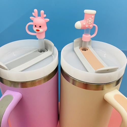 Coio 8Pcs Pink Christmas Straw Toppers for Stanley 30/40 oz Cups - 10mm Silicone Santa 3D Cap Lids (Variation: color 2)