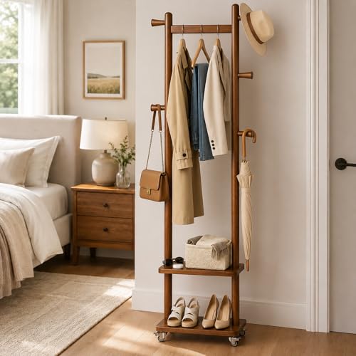 Freestanding Solid Wood Coat Rack with Wheels, 5 Hooks & 2 Storage Shelves