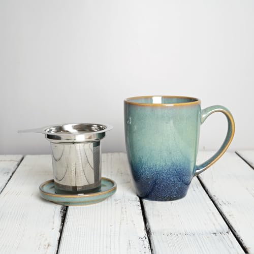 Bosmarlin Pale Green Ceramic Tea Mug with Infuser & Lid, 13.5 Oz, Dishwasher & Microwave Safe
