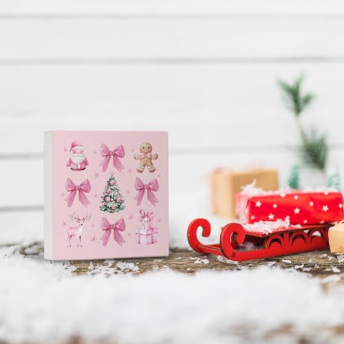 Nvotell Pink Coquette Christmas Sign - 5x5 Inch Wooden Box Decor with Santa, Tree & Bow