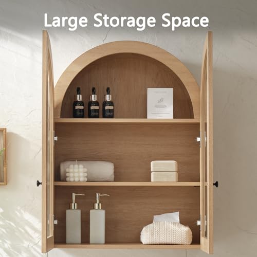 Arched Bathroom Wall Cabinet with Glass Doors and Adjustable Shelves