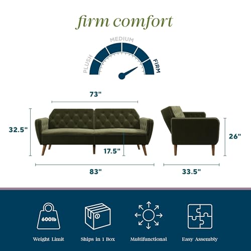 Green Velvet Memory Foam Convertible Futon Sofa Bed with Button Tufting