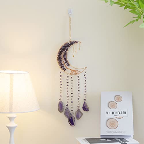 Moon Dream Catcher with Natural Purple Agate Stone and Tree of Life Decor