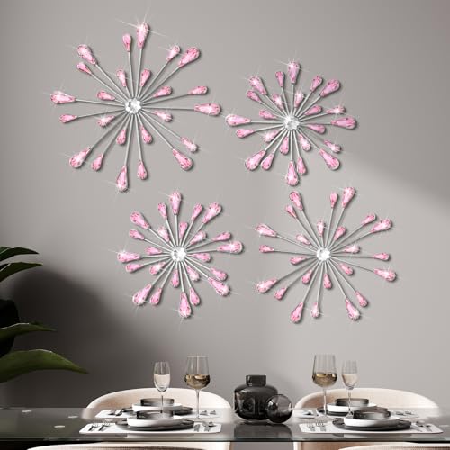4-Piece Pink Starburst Metal Wall Art Set - 3D Rhinestone Decorative Accents